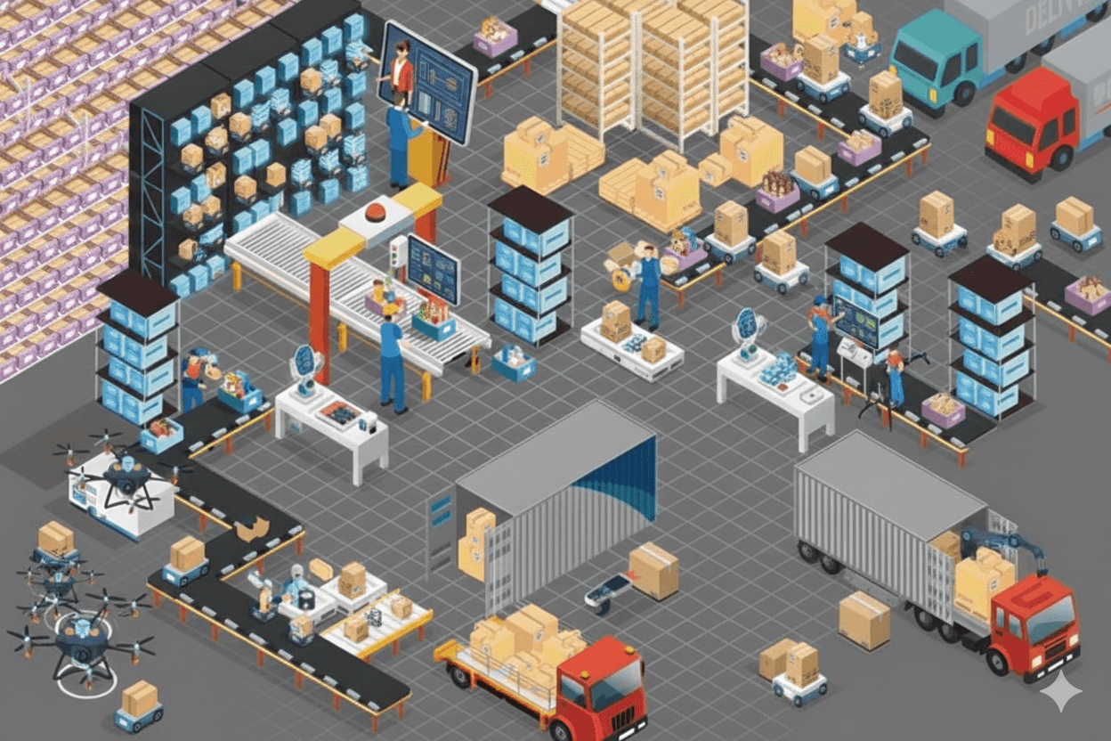 自動倉儲系統與智慧倉儲物流整合示意圖，包含AGV自動搬運動線